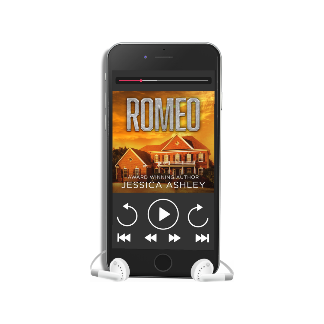 Phone displaying the book cover of 'Romeo' by Jessica Ashley on a white background