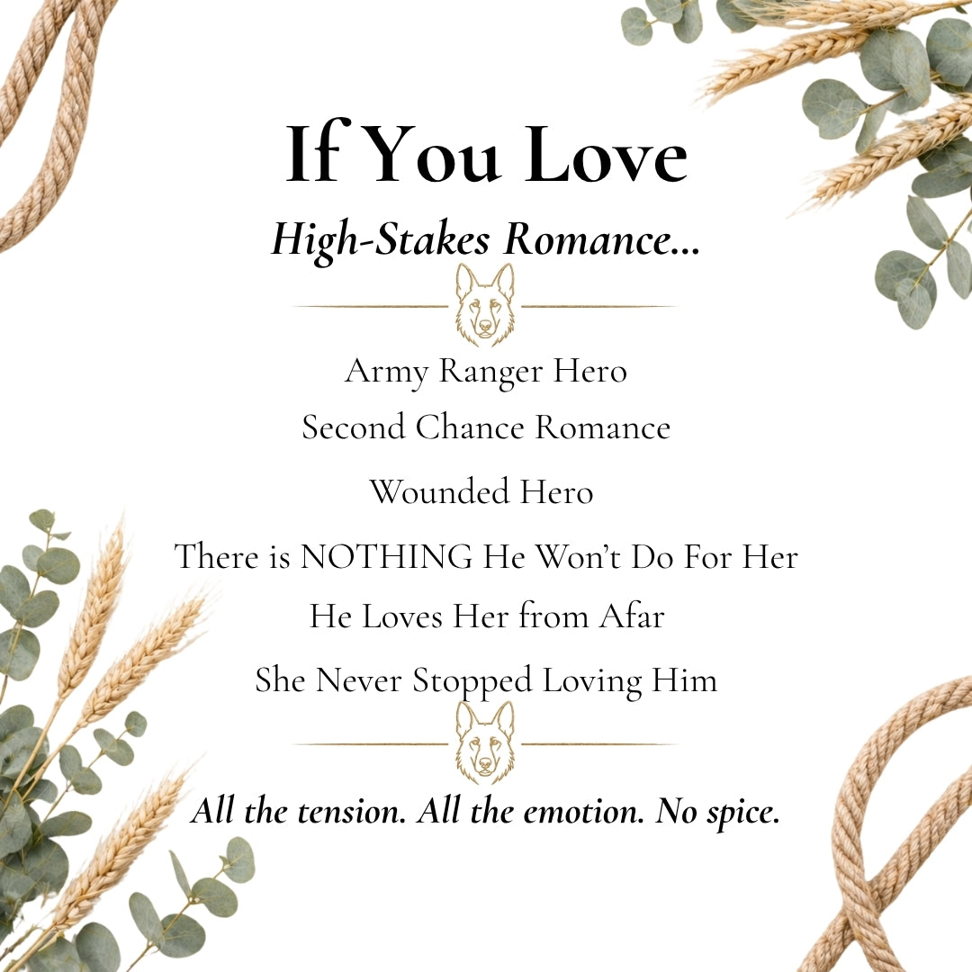 Text about high-stakes romance with decorative elements on a white background