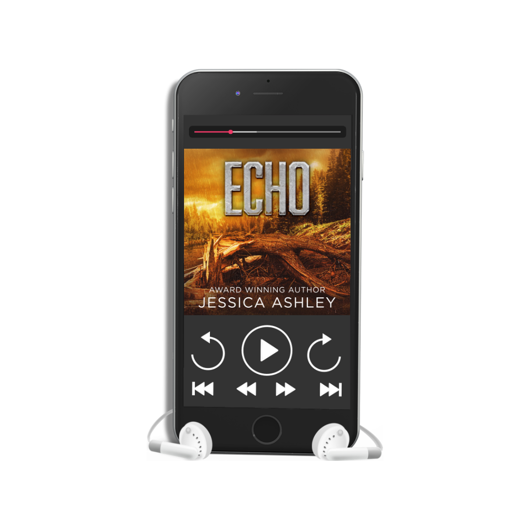 Phone displaying the book cover of 'Echo' by Jessica Ashley on a white background