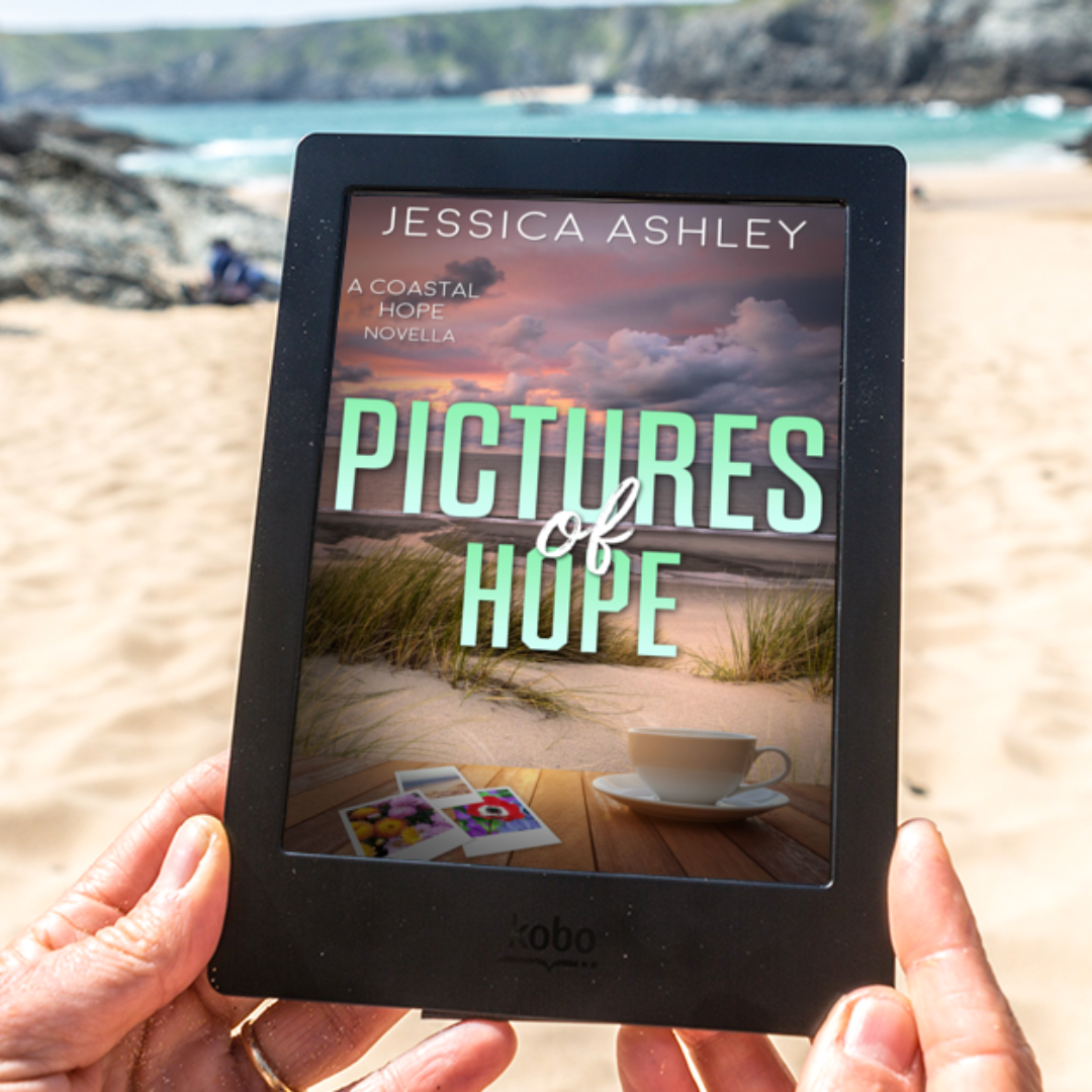 Pictures of Hope Lilly and Alex Coastal Hope Series Novella eBook hands holding e-Reader on beach