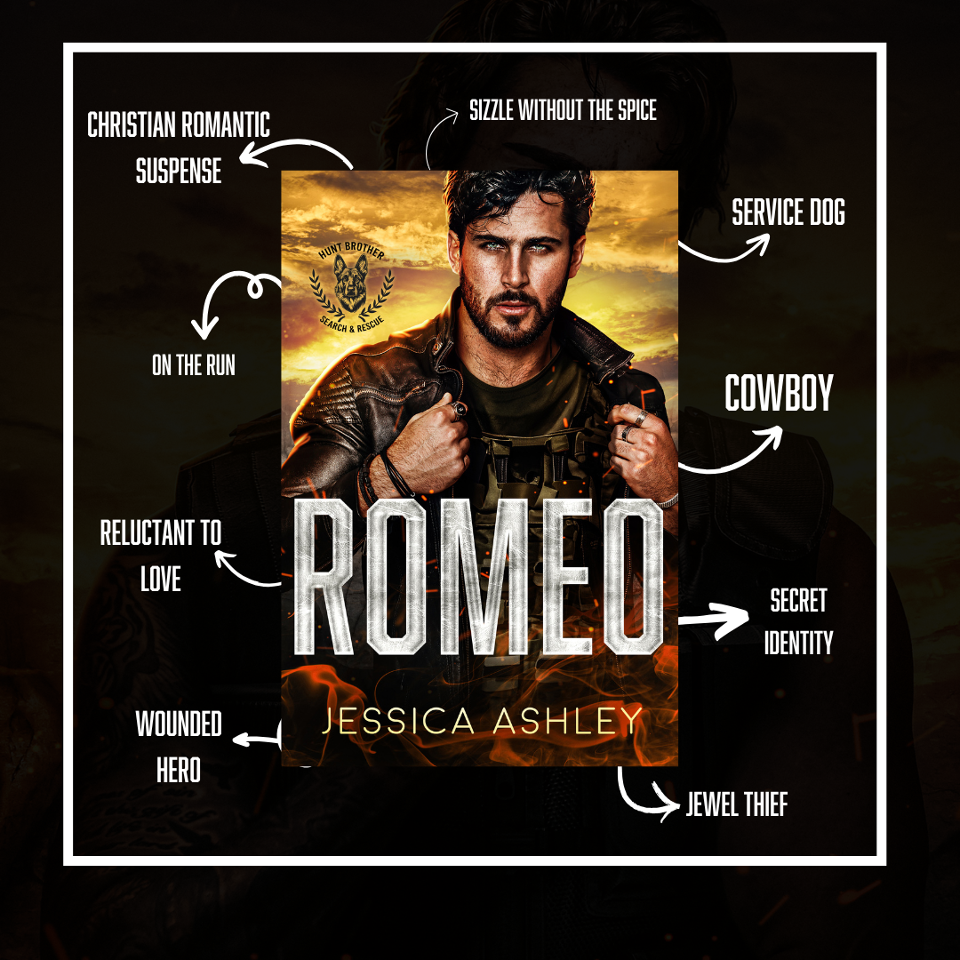 Romeo Hunt Brothers Search and Rescue Series Tropes Christian Romantic Suspense, sizzle without spice, service dog, cowboy, secret identity, jewel thief, wounded hero, reluctant to love, on the run