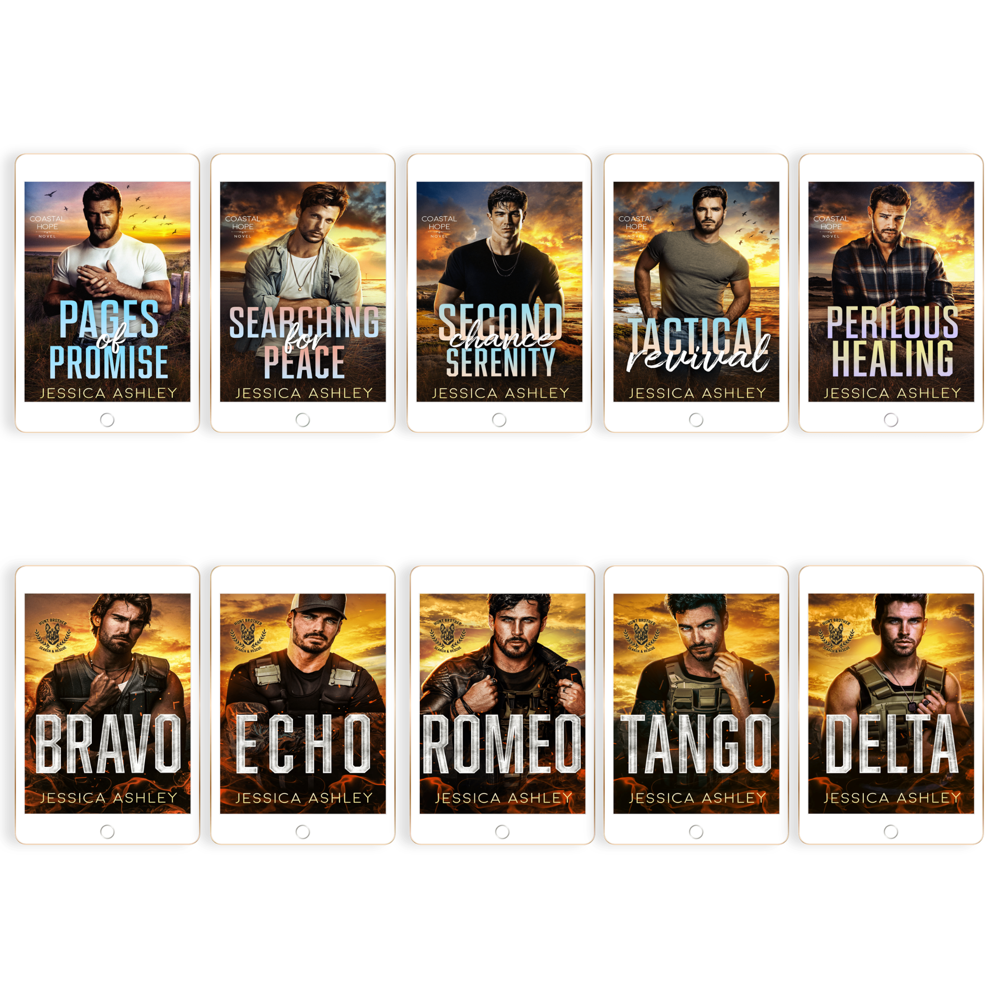 Collection of book covers by Jessica Ashley on a white background