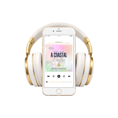 White and gold headphones with a smartphone displaying an audiobook on a white background