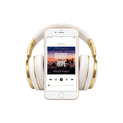 White and gold headphones with a smartphone displaying an audiobook cover on a white background
