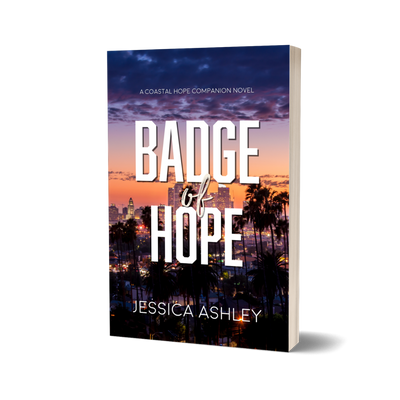 Book cover of 'Badge of Hope' by Jessica Ashley with a city skyline and palm trees in the background.