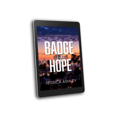 Tablet displaying the book cover of 'Badge of Hope' by Jessica Ashley on a white background
