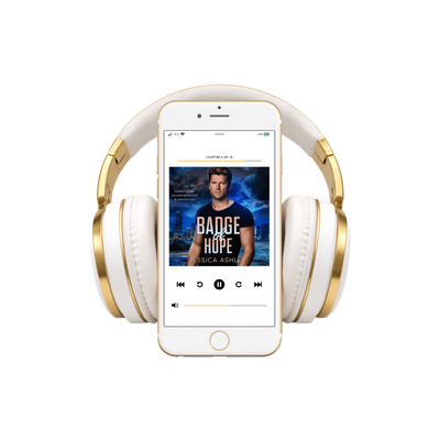 White and gold headphones with a smartphone displaying an audiobook on a white background