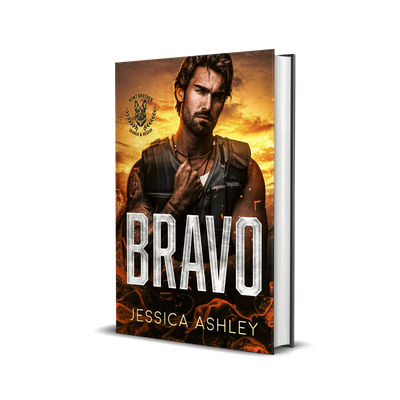 Book cover of 'Bravo' by Jessica Ashley with a rugged man on the cover against a fiery background.