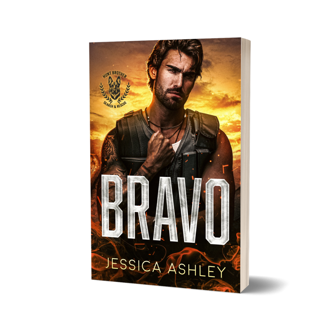Book cover of 'Bravo' by Jessica Ashley with a man in tactical gear against a fiery background.