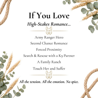 Text describing a book or story with elements of romance, action, and drama, surrounded by decorative elements like leaves and ropes.