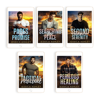 Five book covers of Jessica Ashley's novels displayed on tablets.