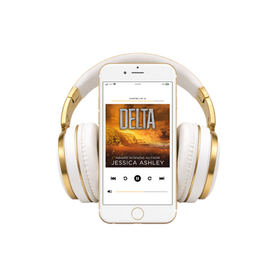 White and gold headphones with a smartphone displaying an audiobook titled 'Delta' by Jessica Ashley on a white background.