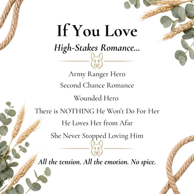Text about high-stakes romance with decorative elements on a white background