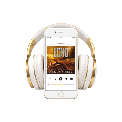 White and gold headphones with a smartphone displaying an audiobook titled 'Echo' by Jessica Ashley.