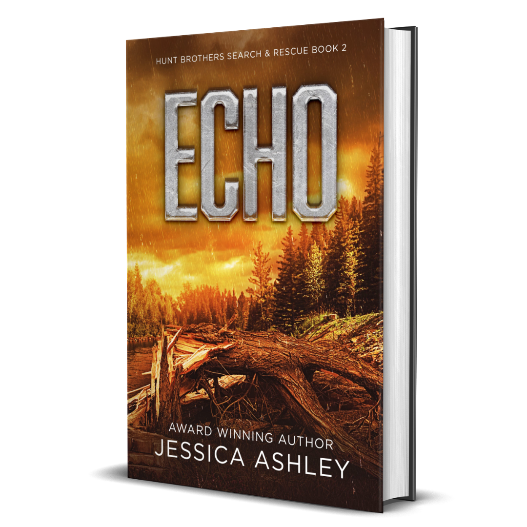 Book cover of 'Echo' by Jessica Ashley with a forest scene and sunset.