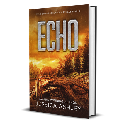 Book cover of 'Echo' by Jessica Ashley with a forest scene and sunset.