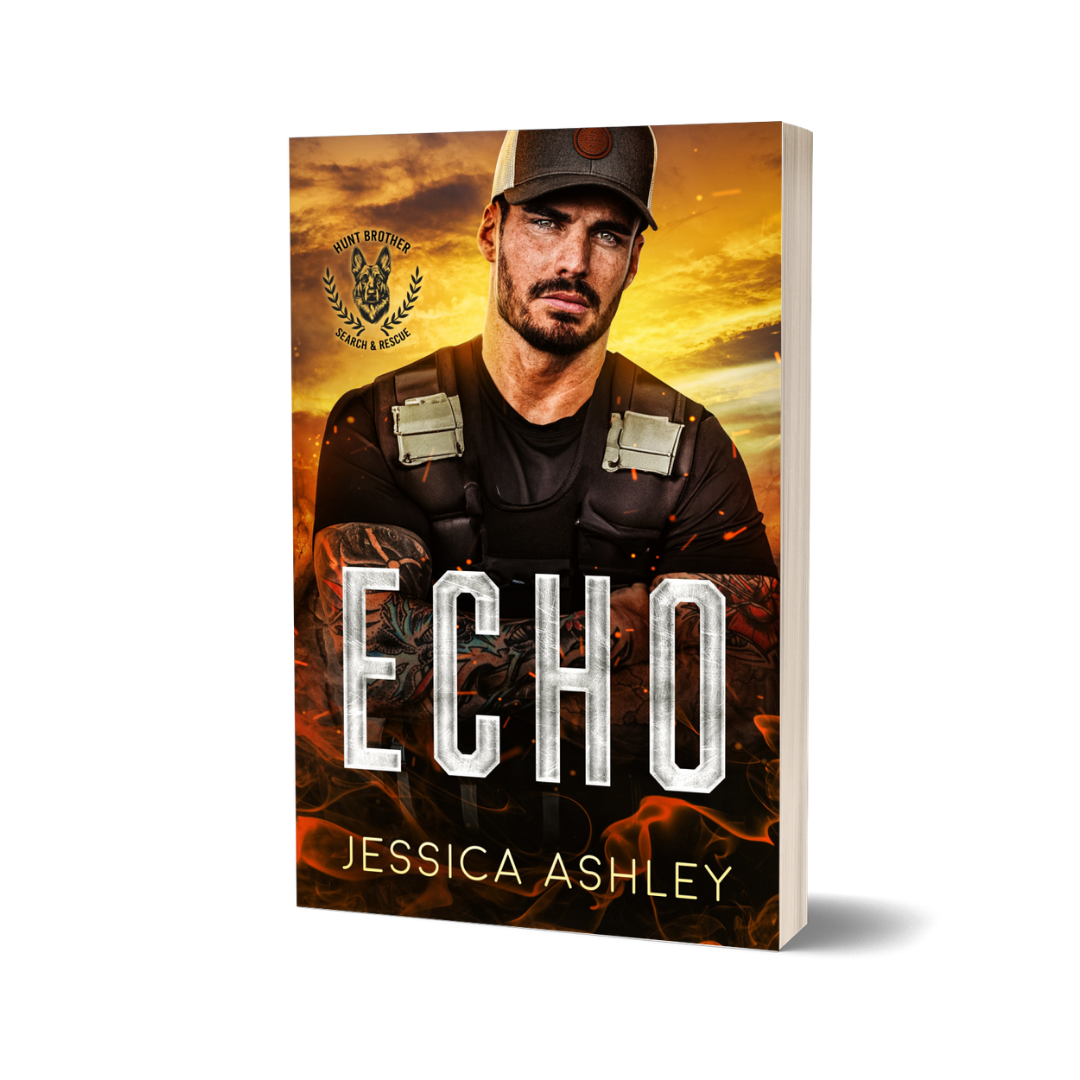 Book cover of 'Echo' by Jessica Ashley with a man in tactical gear against a fiery background.