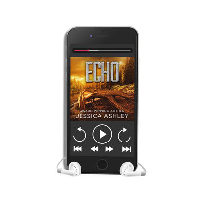 Phone displaying the book cover of 'Echo' by Jessica Ashley on a white background