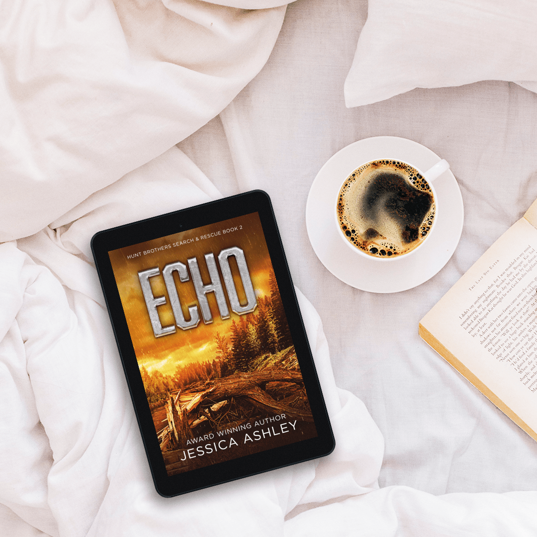 E-reader displaying 'Echo' by Jessica Ashley on a white surface with a cup of coffee and book.