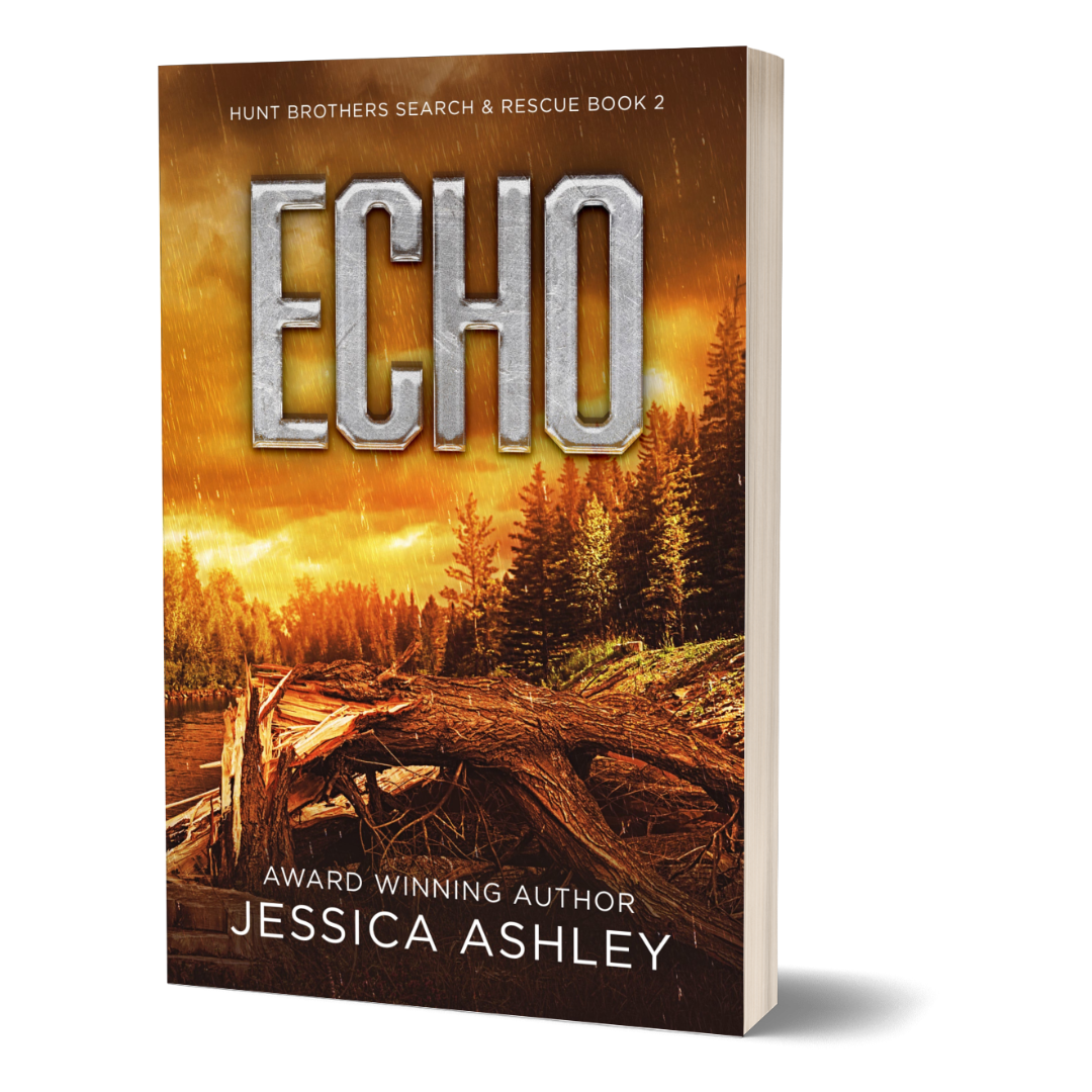 Book cover of 'Echo' by Jessica Ashley with a forest scene and 'Hunt Brothers Search & Rescue Book 2' text.
