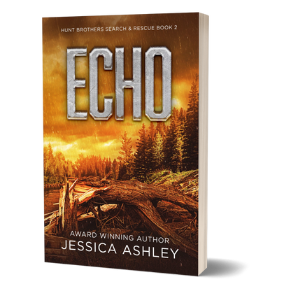 Book cover of 'Echo' by Jessica Ashley with a forest scene and 'Hunt Brothers Search & Rescue Book 2' text.