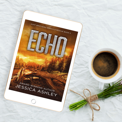 Tablet displaying the book 'Echo' by Jessica Ashley with a cup of coffee and bouquet on a light surface