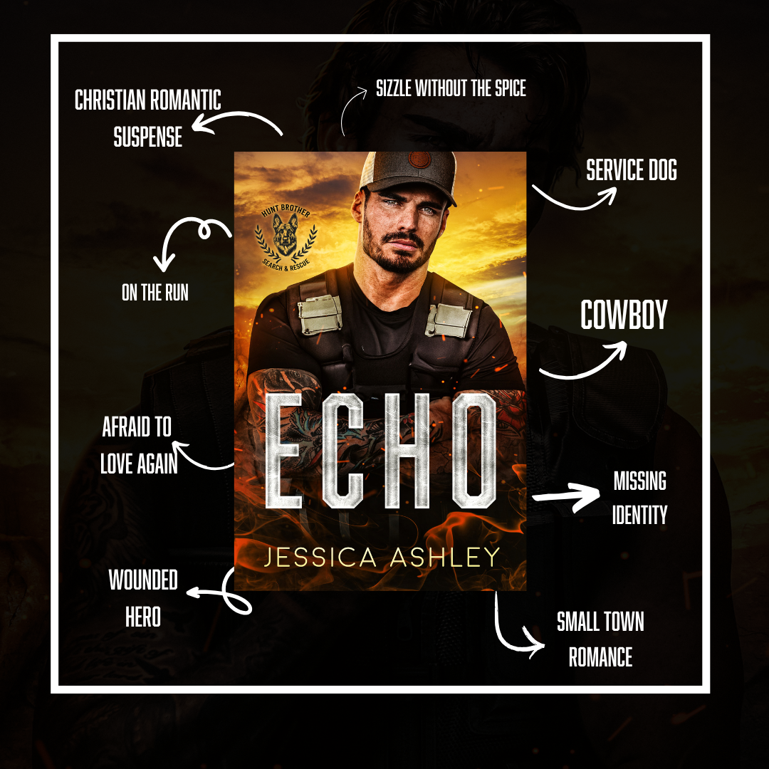 Echo Hunt Brothers Search and Rescue Series Tropes Christian romantic suspense, sizzle without the spice, service dog, cowboy, amnesia, small town romance, wounded hero, afraid to love again, on the run