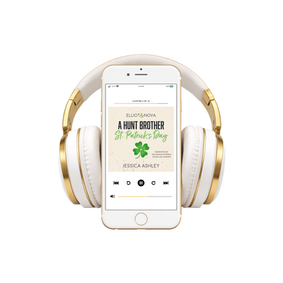 White and gold headphones with a smartphone displaying a book cover on a white background