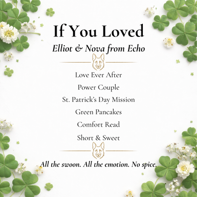 Promotional text for a book series with clover and flower decorations on a white background