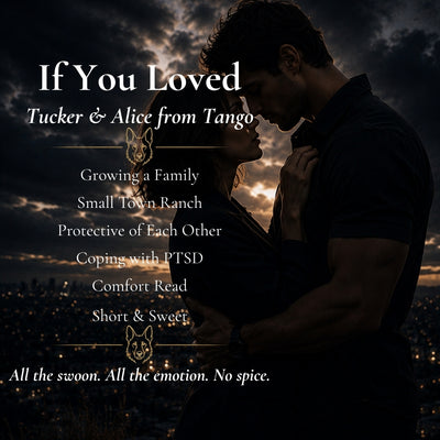 Promotional cover art for a romance audiobook or podcast titled 'If You Loved Tucker & Alice from Tango'. The image features a silhouetted couple embracing against a dramatic, cloudy sunset sky over a city skyline.