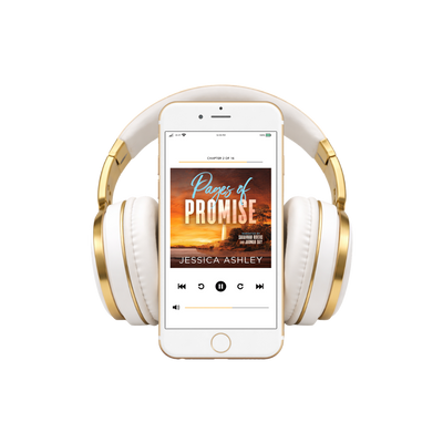 White and gold headphones with a smartphone displaying an audiobook cover on a white background