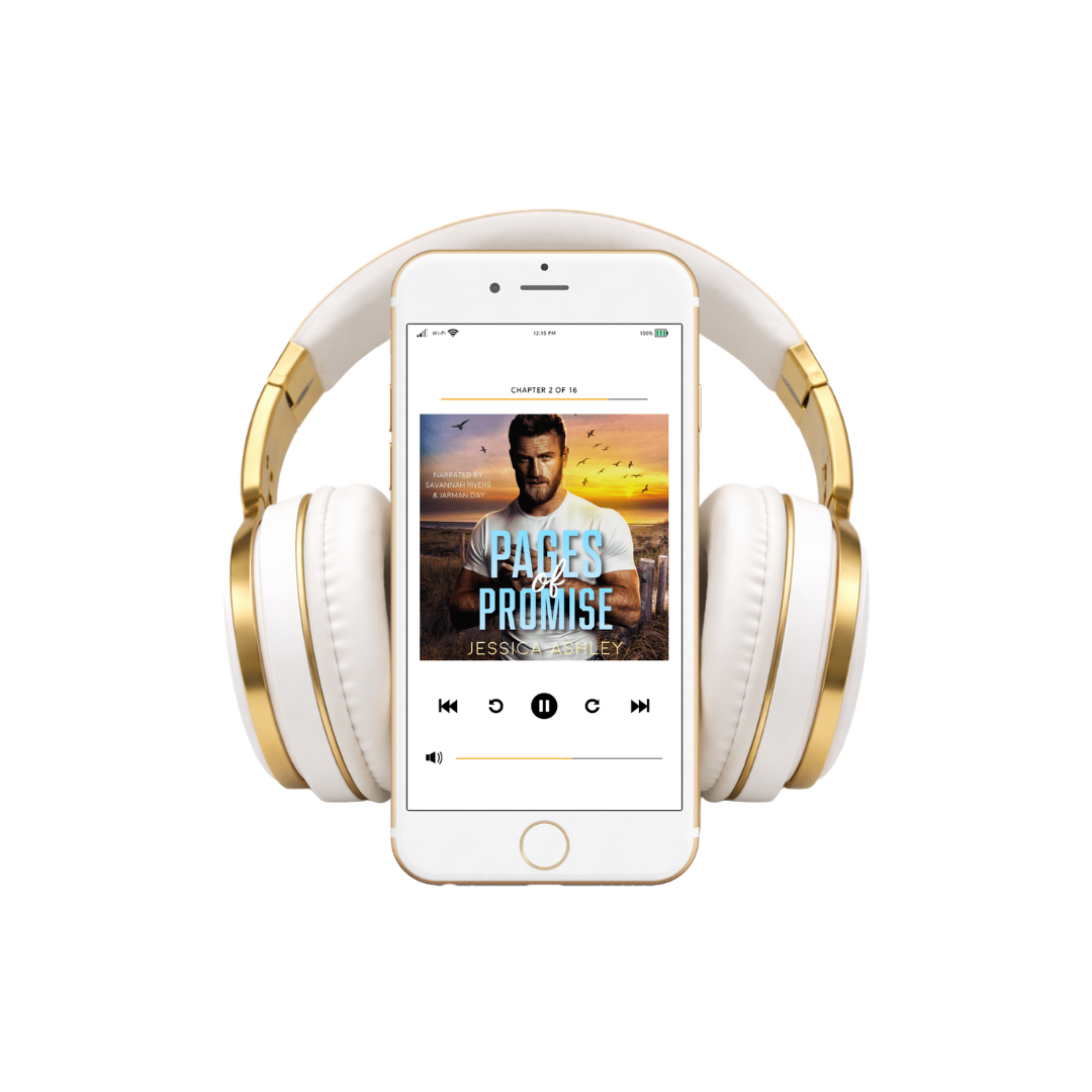 White and gold headphones with a smartphone displaying an audiobook cover on a white background