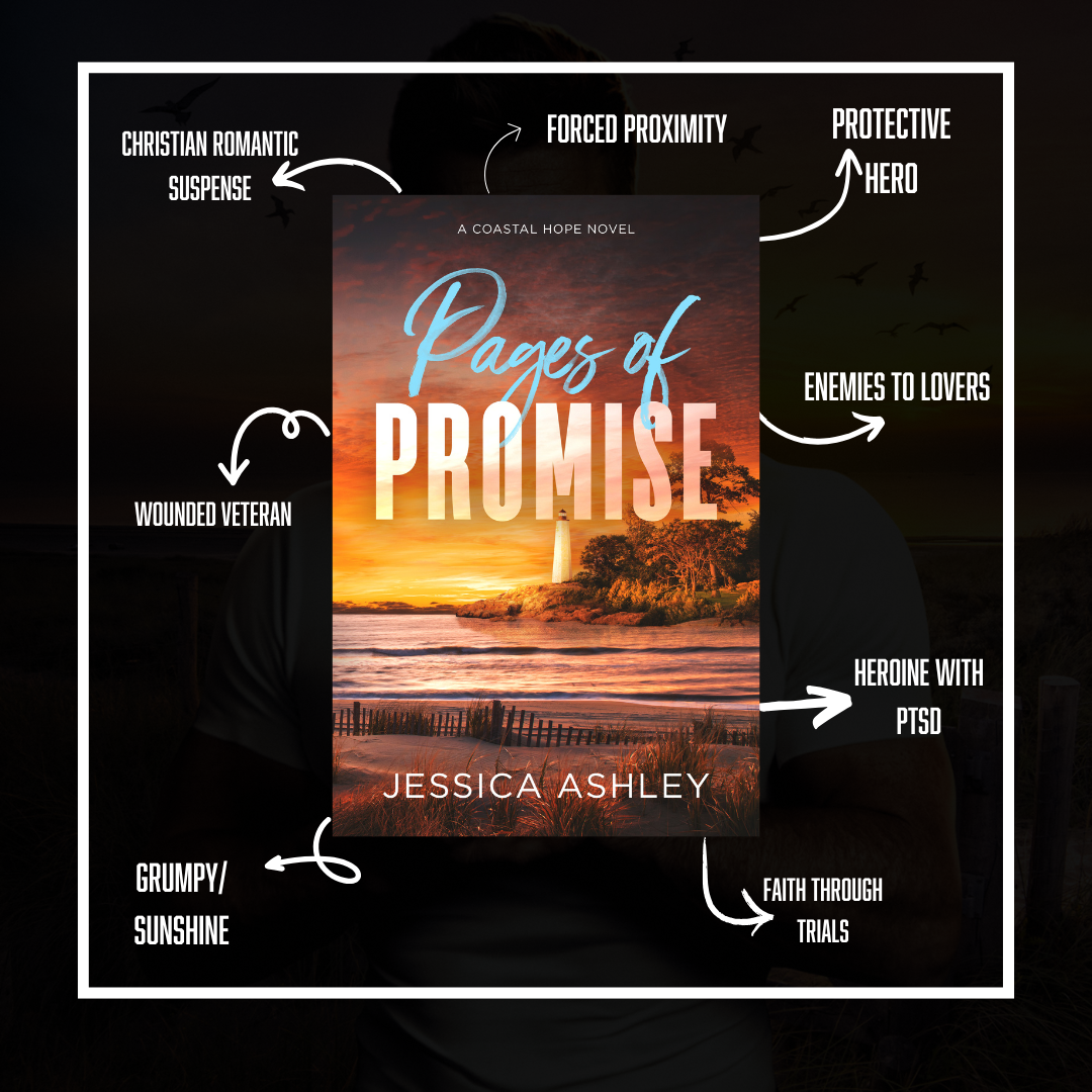 Pages of Promise Discreet Coastal Hope Series Tropes Christian romantic suspense, forced proximity, Protective hero, enemies to lovers, heroine with ptsd, faith through trials, grumpy sunshine, wounded veteran