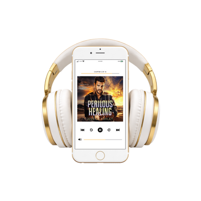 White and gold headphones with a smartphone displaying an audiobook on a white background