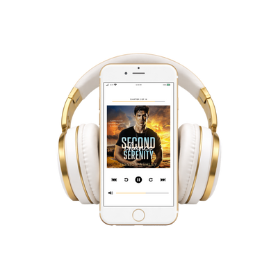 White and gold headphones with a smartphone displaying a book cover on a white background