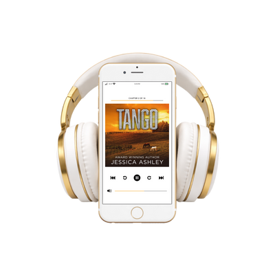White and gold headphones with a smartphone displaying an audiobook titled 'Tango' by Jessica Ashley.