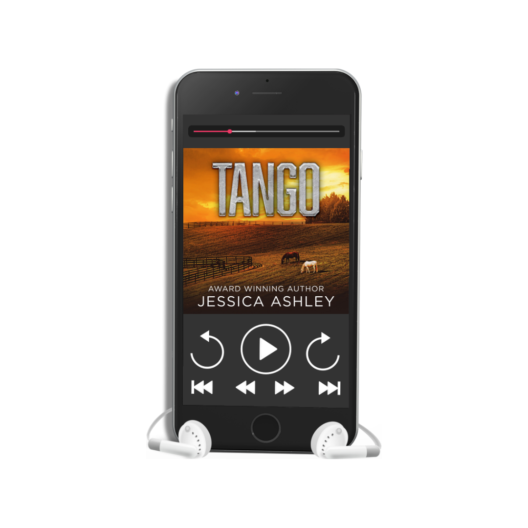 Phone displaying the book cover of 'Tango' by Jessica Ashley on a white background
