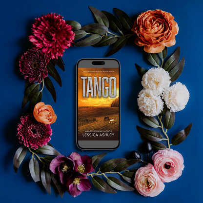 Phone with 'Tango' book cover surrounded by flowers on a blue background