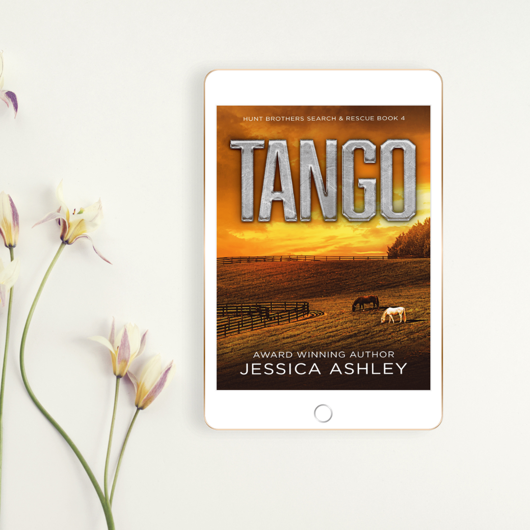 Digital book cover of 'Tango' by Jessica Ashley on a tablet with flowers in the background