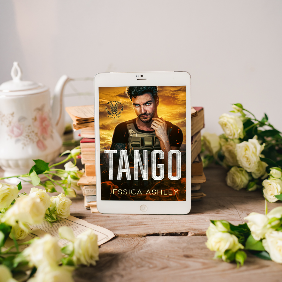 Tango Hunt Brothers Search and Rescue Series eBook with Stack of books, teapot, and roses