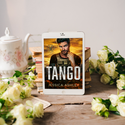 Tango Hunt Brothers Search and Rescue Series eBook with Stack of books, teapot, and roses
